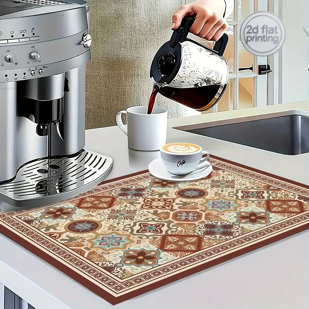 Boho-Chic Espresso Machine Countertop Dish Mat - Absorbent, Non-Slip Rubber Backing, Multi-Use Kitchen &amp; Bathroom Drain Pad, Dia