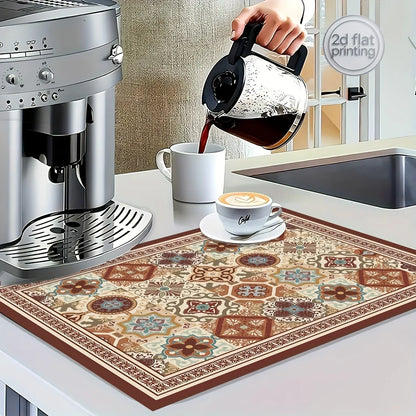Boho-Chic Espresso Machine Countertop Dish Mat - Absorbent, Non-Slip Rubber Backing, Multi-Use Kitchen &amp; Bathroom Drain Pad, Dia