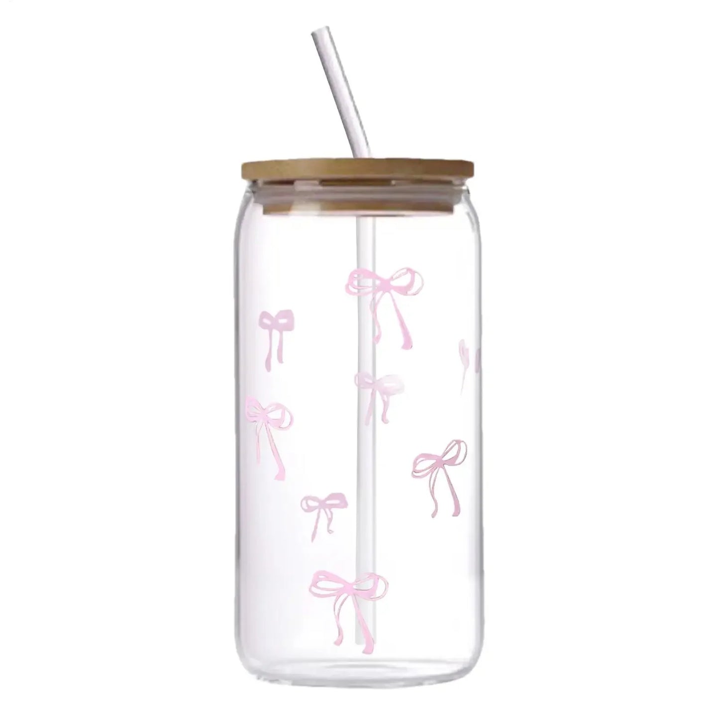 Cute 500ml Bow Glass Cup with Lid and Straw for Iced Coffee
