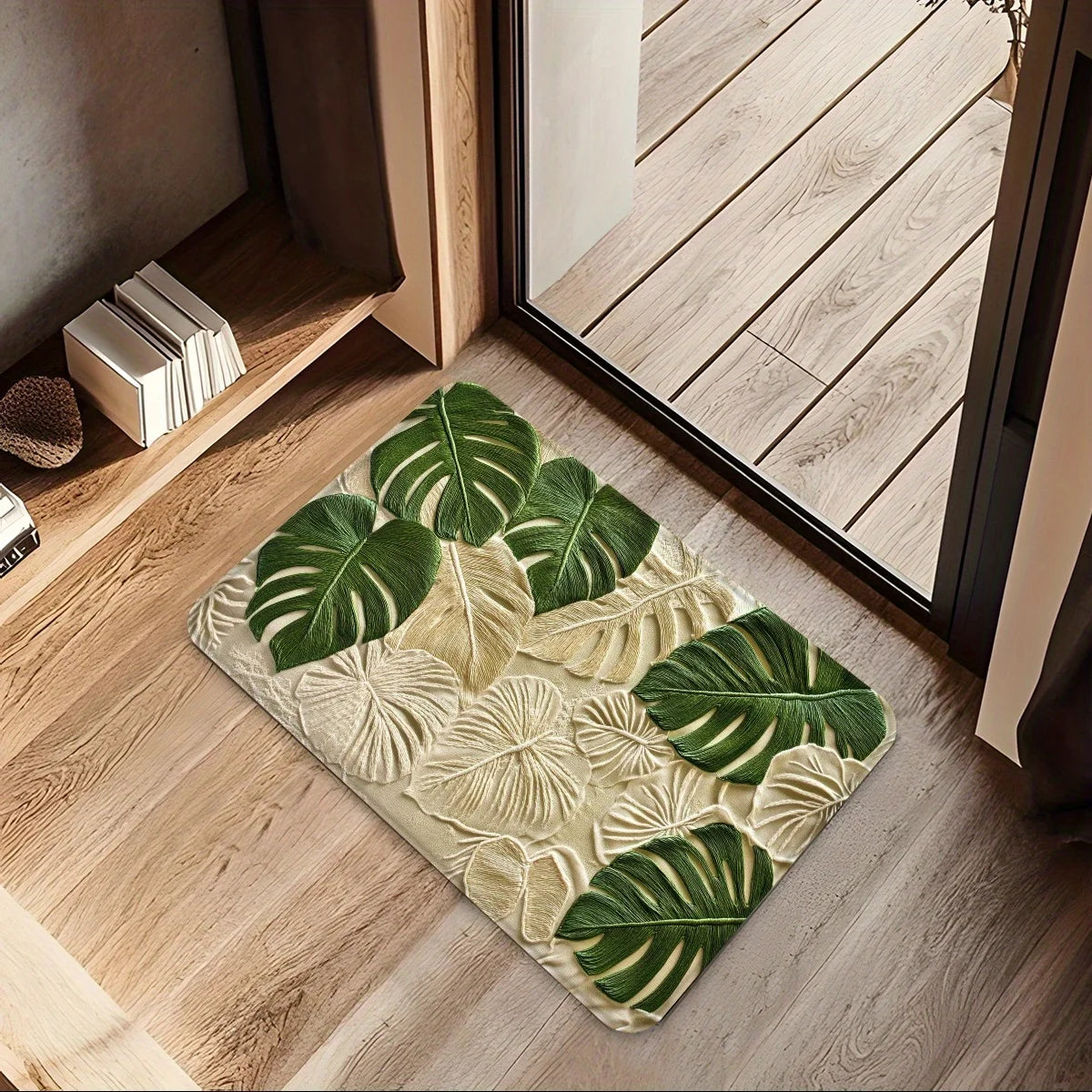 Tropical Leaf Print Doormat - Modern Non-Slip Bathroom Kitchen Rug, Natural Decor Mat for Home Entrance Tub Side