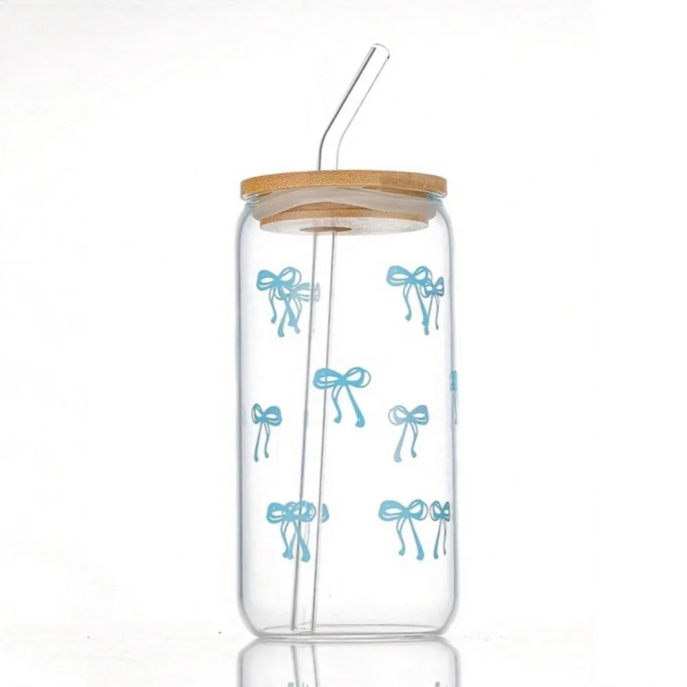 Cute 500ml Bow Glass Cup with Lid and Straw for Iced Coffee