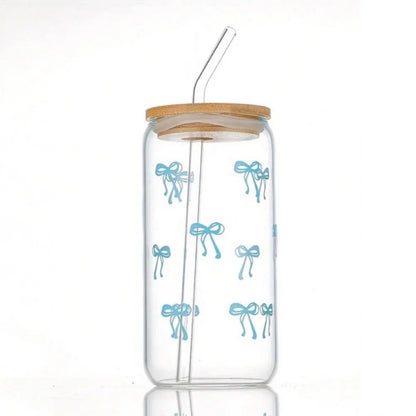 Cute 500ml Bow Glass Cup with Lid and Straw for Iced Coffee