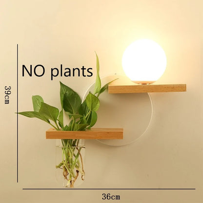 Modern Wooden LED Wall Lamp with Green Plant Design – Nordic Home Decor