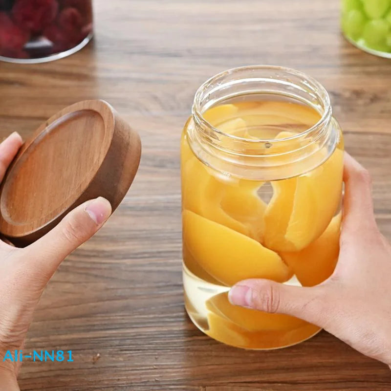 【N】Coffee Beans Sealed Tank Transparent Glass Container With Wood Lid Food Storage Jars Candy Dried Jars Household Organizer