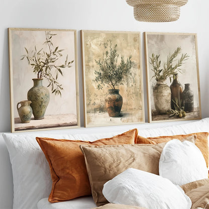 Retro Elegant Olive Tree & Lemon Canvas Wall Art Poster