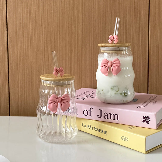 Elegant Bow-Knot Wavy Glass Cup with Lid & Straw 🎀🥤