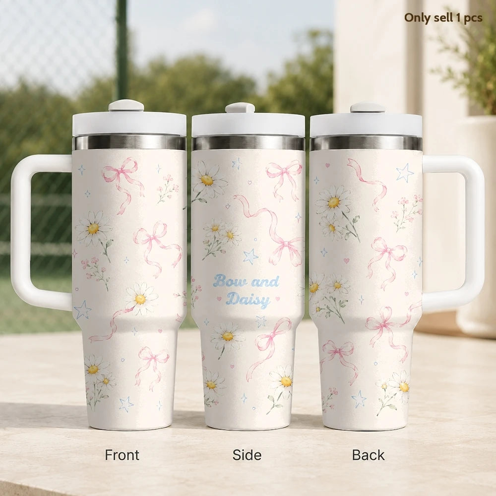 Kawaii Cherry Pattern Vacuum Flasks 40oz Stainless Steel Insulated Tumbler with Handle &amp; Straw Leakproof Travel Mug