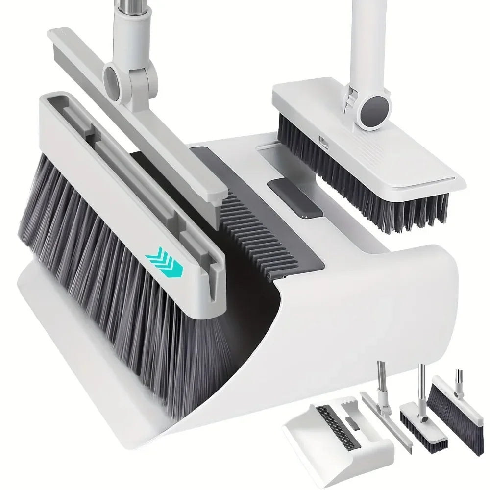 4 in 1 Broom Dustpan Set with Hidden Squeegee for Glass Grease Cleaning Home Use