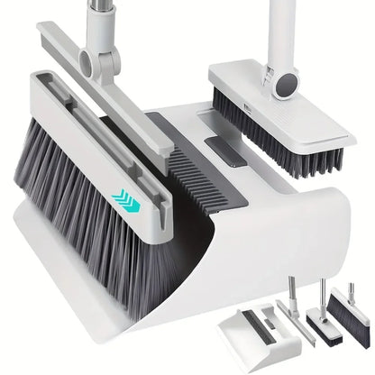 4 in 1 Broom Dustpan Set with Hidden Squeegee for Glass Grease Cleaning Home Use