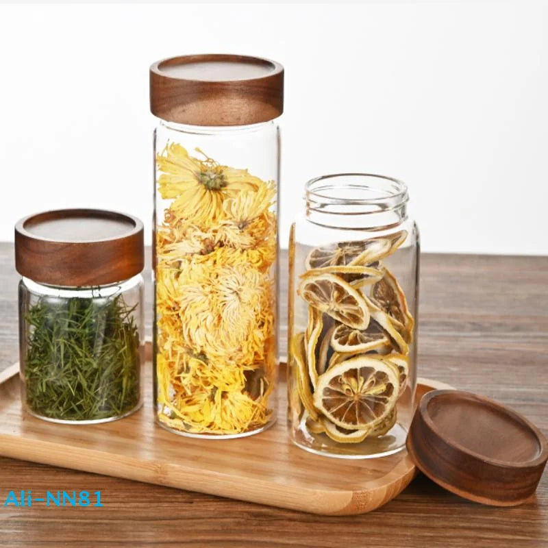 【N】Coffee Beans Sealed Tank Transparent Glass Container With Wood Lid Food Storage Jars Candy Dried Jars Household Organizer