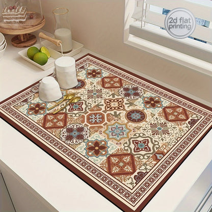 Boho-Chic Espresso Machine Countertop Dish Mat - Absorbent, Non-Slip Rubber Backing, Multi-Use Kitchen &amp; Bathroom Drain Pad, Dia