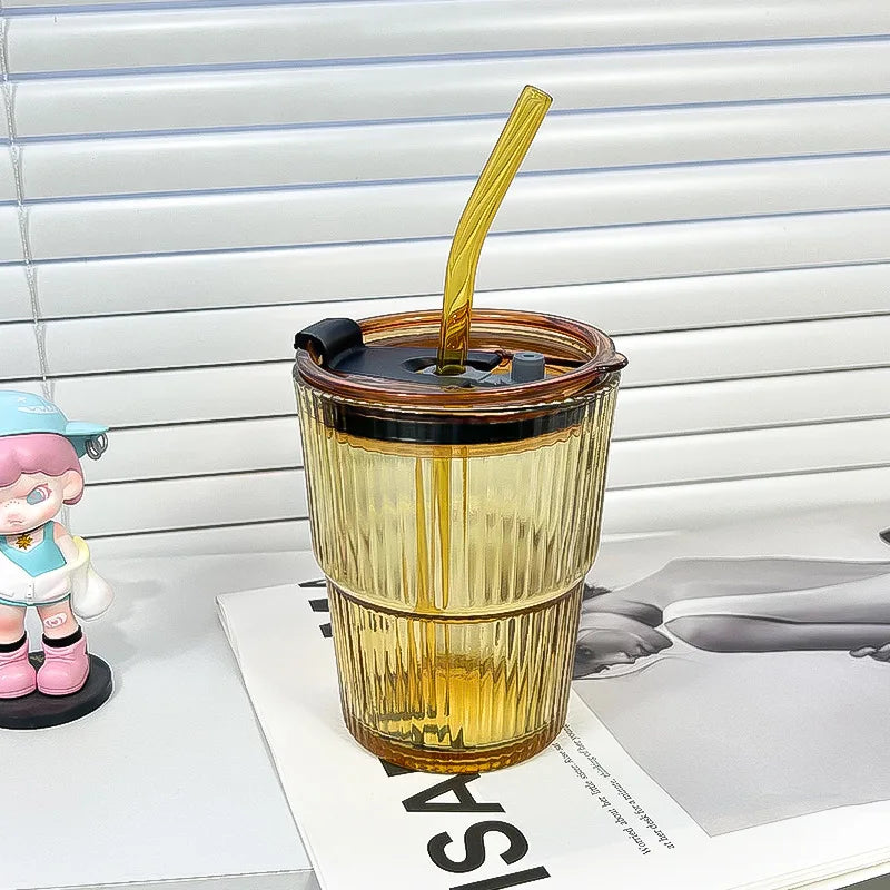 450ml Creative Stripe Glass Cup with Lid & Straw 🥤✨