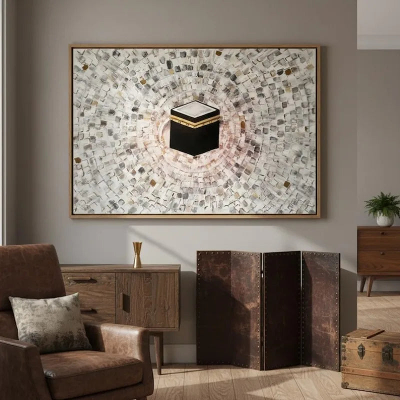 Extra Large Modern Abstract Islamic Mecca Canvas Painting Wall Art, Frameless Textured Kaaba Wall Art Living Room Decortions