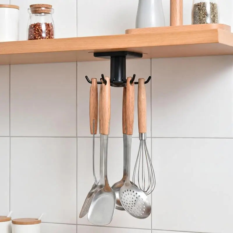 360 Rotating Kitchen Hooks Adhesive Utensil Organizer Rack with 6 Hooks No Drill Cabinet Mount for Spoons Towels &amp; Cups