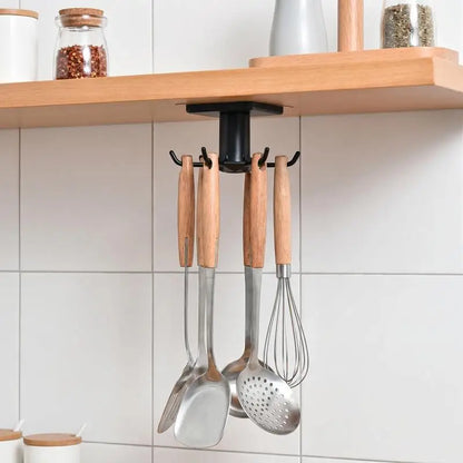 360 Rotating Kitchen Hooks Adhesive Utensil Organizer Rack with 6 Hooks No Drill Cabinet Mount for Spoons Towels &amp; Cups