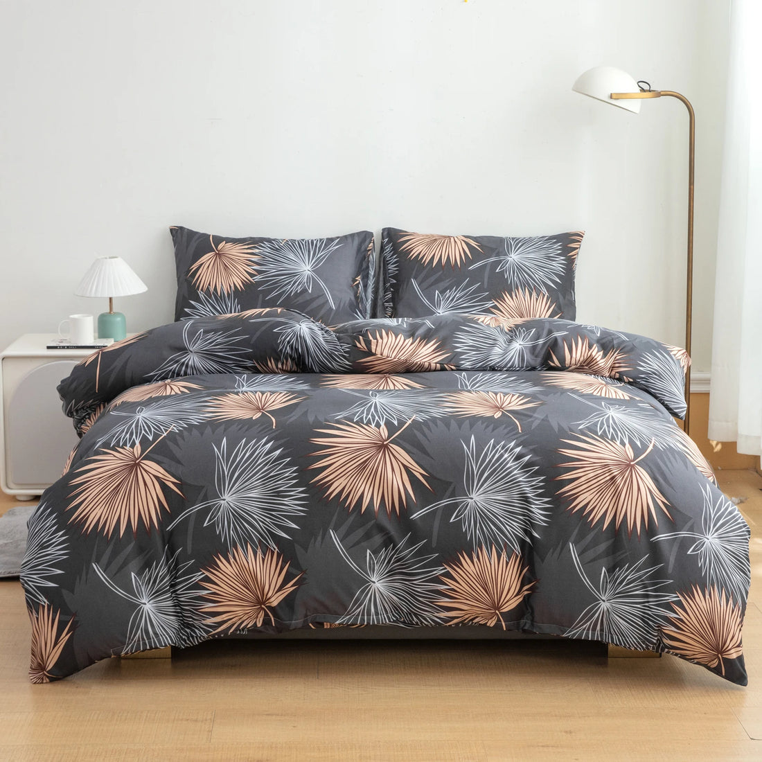 Tropical Plant Leaf Pattern Bedspread 3-Piece Set, Ultra-Soft, Comfortable and Breathable Bedding with Reactive Printing Duvet Set, Suitable for Bedrooms and Guest Rooms (Bedspread + Pillowcases, Without Comforter and Pillow