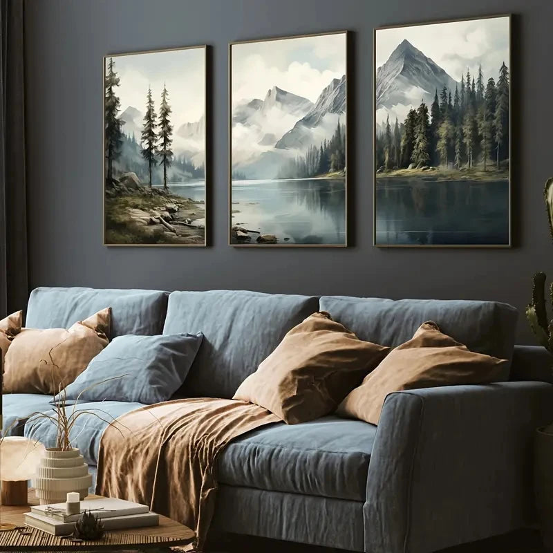 3-Piece Minimalist Green Landscape Nature Art Print for Living Room