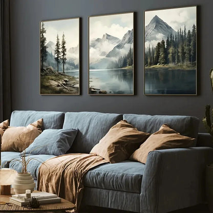 3-Piece Minimalist Green Landscape Nature Art Print for Living Room
