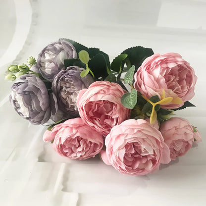 30cm Premium Rose Pink Silk Peony Bouquet (5 Big Heads & 4 Buds)