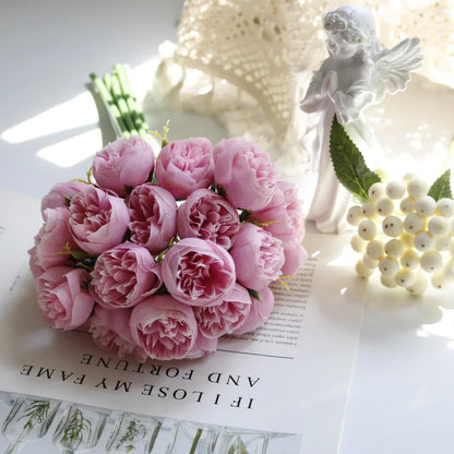 27-Heads Premium Rose Pink Silk Peony & Rose Bouquet