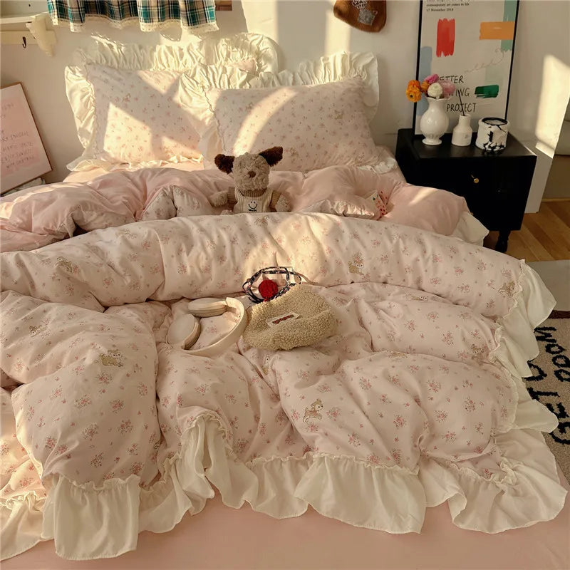 طقم مفروشات سرير بتصميم أميرة كورية بنقشة زهور وكشكشة 3/4 قطع، غطاء لحاف فردي/كوين/كينج، غطاء سرير، أغطية وسائد