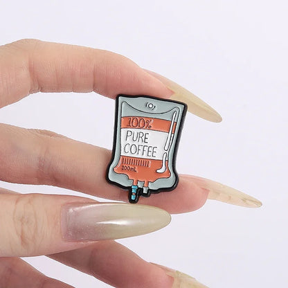100% Pure Coffee Bag Medical Enamel Pins Coffee Filling Brain Inject Coffee Hourglass Brooch Lapel Badge Jewelry Gift for Friend