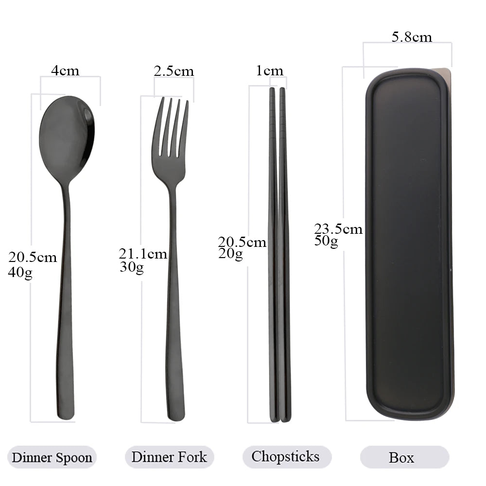 3-Piece Stainless Steel Cutlery Set with Storage Box – Portable Spoon, Fork &amp; Chopsticks