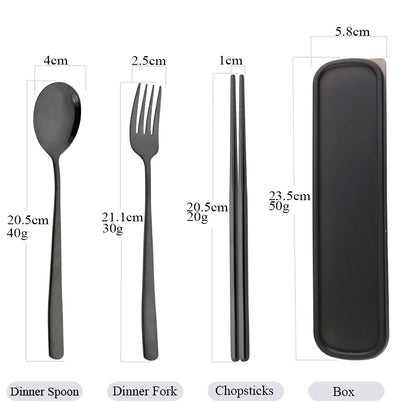 3-Piece Stainless Steel Cutlery Set with Storage Box – Portable Spoon, Fork &amp; Chopsticks