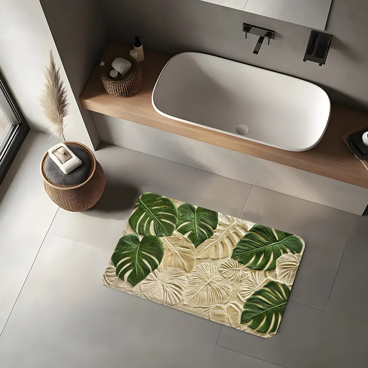 Tropical Leaf Print Doormat - Modern Non-Slip Bathroom Kitchen Rug, Natural Decor Mat for Home Entrance Tub Side