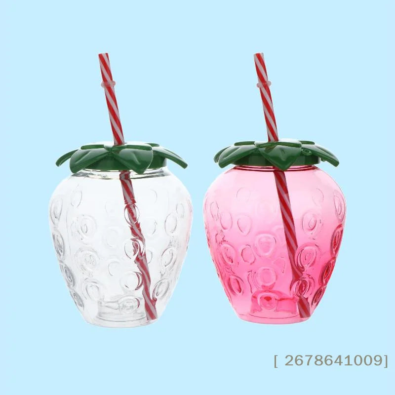 ⚑Strawberry Shaped Plastic Cup With Straw Cute Water Bottle Portable Drinking Cup Beverage Cups For Summer Party Home Use