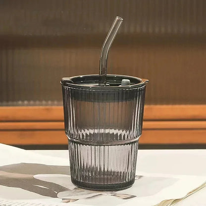 450ml Stripe Glass Cup with Lid & Straw 🥤✨