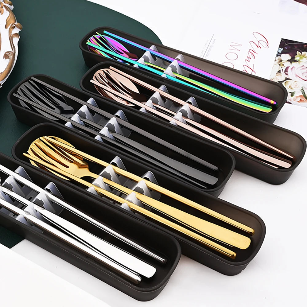 3-Piece Stainless Steel Cutlery Set with Storage Box – Portable Spoon, Fork &amp; Chopsticks
