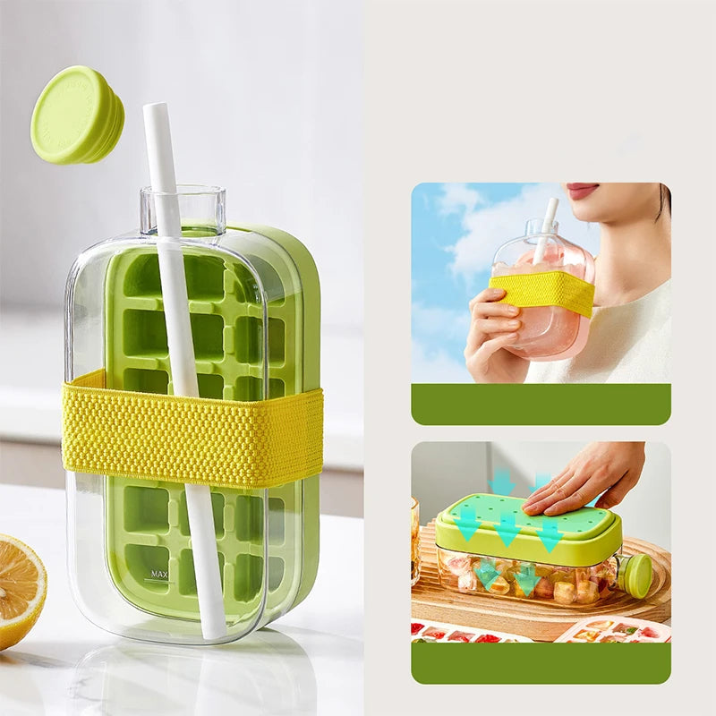 2 in 1 Ice Cube Tray Water Bottle with Straw  Press Type Ice Maker  Food Grade Silicone  Portable for Summer Drinks Gym Travel