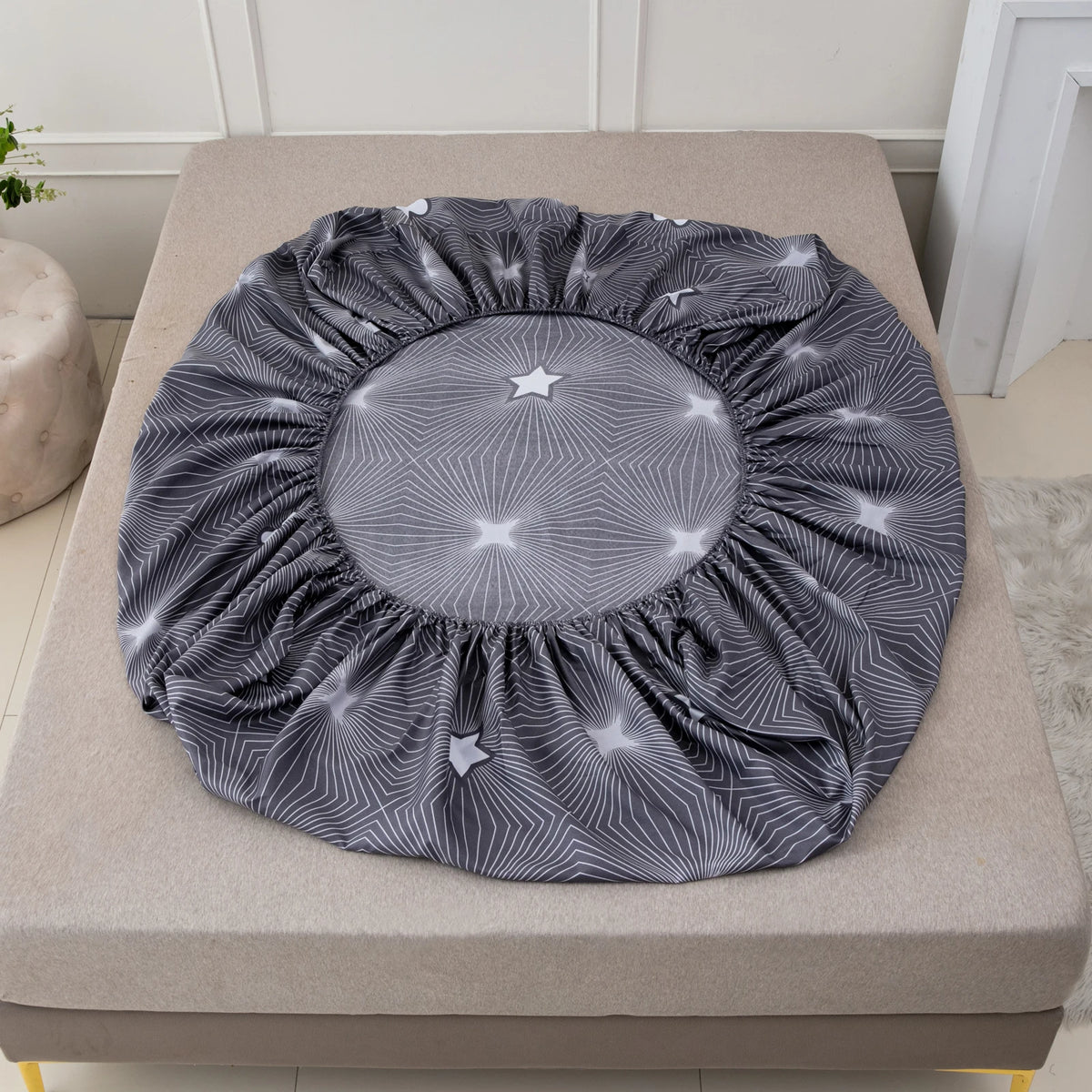 Geometric Star Pattern Printed Fitted Sheet, 1-Piece Mattress Cover (Pillowcase and Pillow Insert Not Included), Simple Line Design Polyester Fiber 3D Dirt-Resistant Mattress Protector, Soft and Breathable Polyester Fitted Sh