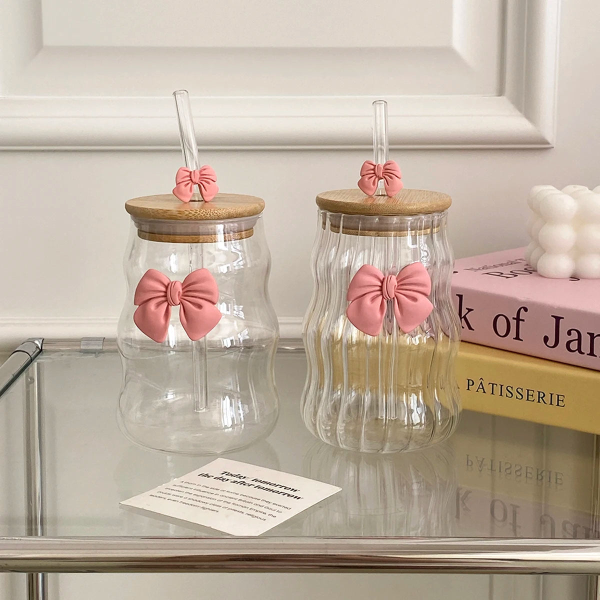 Elegant Bow-Knot Wavy Glass Cup with Lid & Straw 🎀🥤