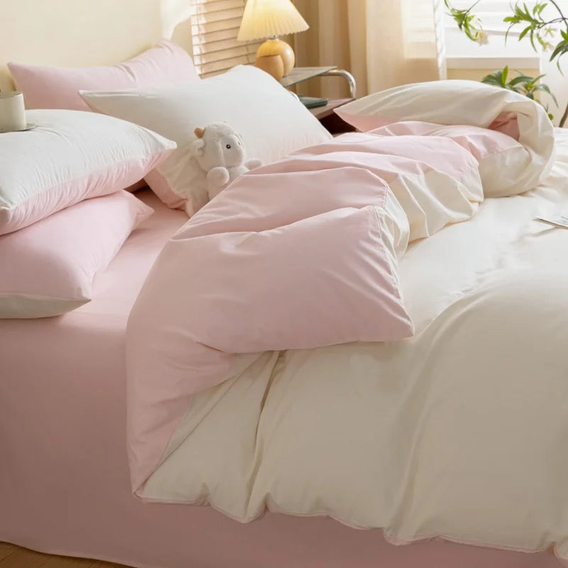 3pcs pure Duvet Cover Set (1*Duvet Cover + 2*Pillowcase, Without Core),white/pink Bedding Set