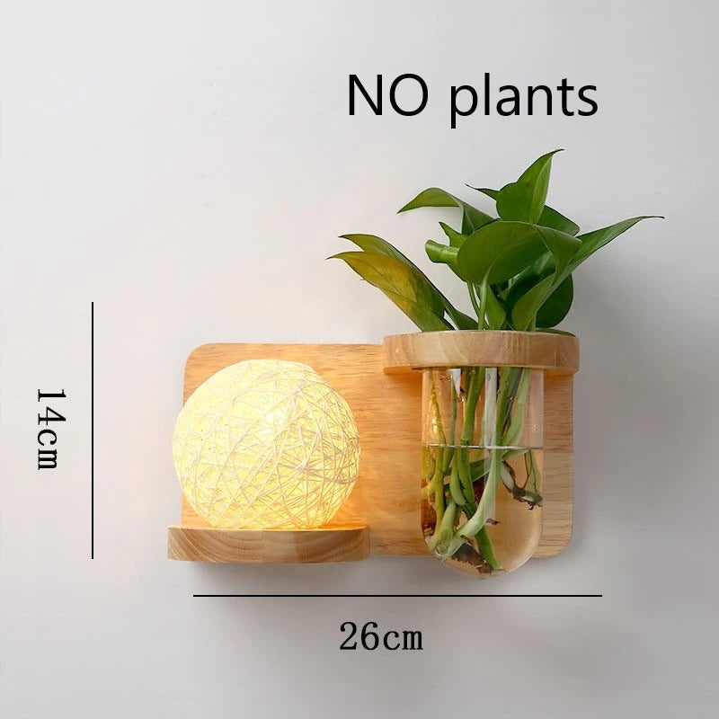 Modern Wooden LED Wall Lamp with Green Plant Design – Nordic Home Decor