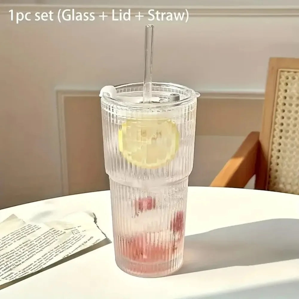 600ml Stripe Glass Cup with Lid & Straw 🥤✨