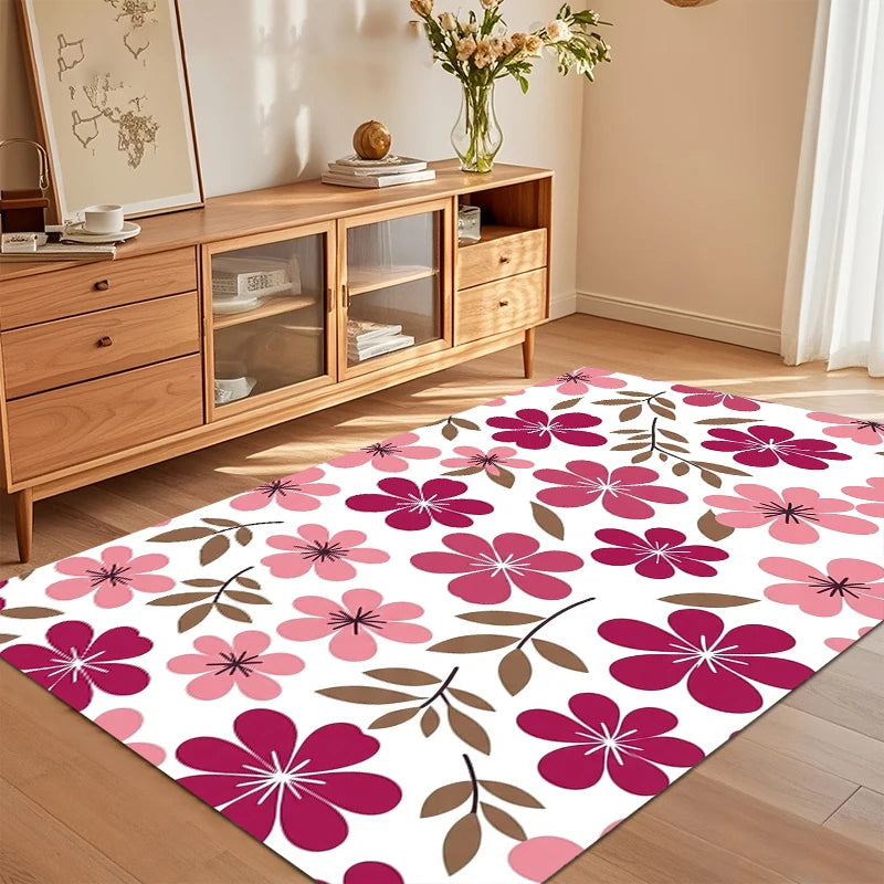 White Pink Magenta Floral Area Rug for Living Room Bedroom Cheerful Modern Home Decor Soft Non Slip Washable Floor Mat