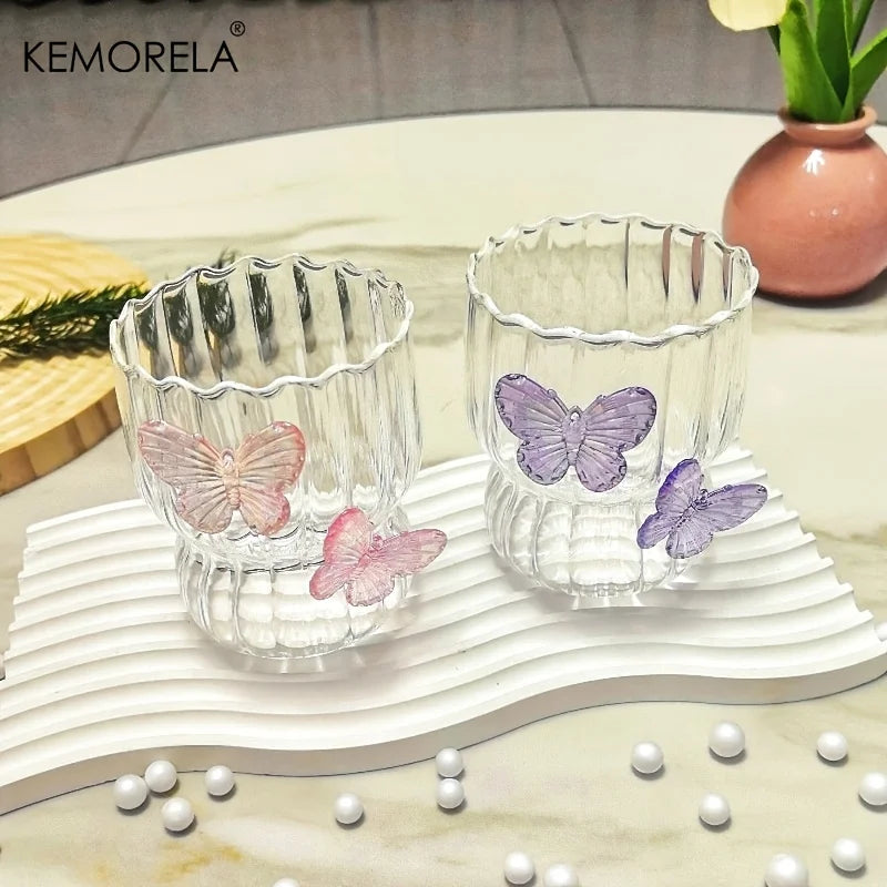 3D Butterfly Striped Glass Coffee Cup 🦋☕