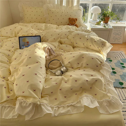 3/4Pcs Korean Princess Style Bow Ruffles Bedding Set Single Queen King Size Duvet Cover Set Bed Sheet Pillowcases