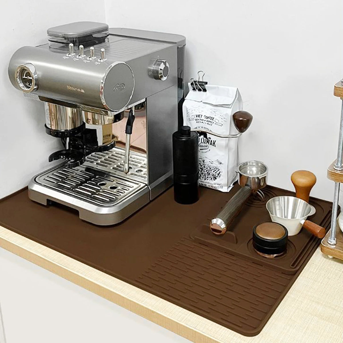 OANKR 2PCS Set 39X58cm Coffee Maker Pad and 25X20cm Espresso Tamping Mat Set, Anti-slip Mat for Kitchen Bar Counter Drain Tray