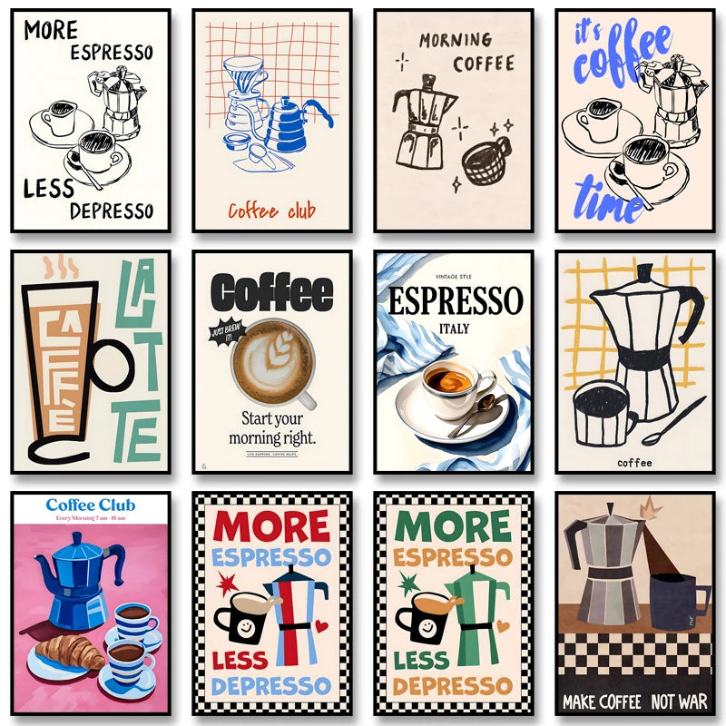 Vintage Coffee Club Canvas Wall Art Retro Espresso Moka Pot Print Cafe Croissant Poster Kitchen Coffee Shop Aesthetic Home