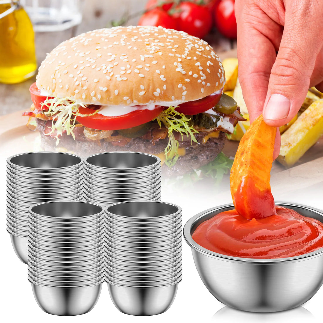 12/24/60 Pcs Sauce Dipping Bowl Stainless Steel Dipping Cups Round Sauce Dishes 45/55ML Mini Reusable Seasoning Cups Dipping Cup