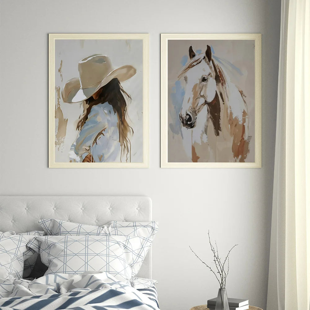 White Horse Posters Animals Paintings Cowgirl Hanging Pictures Trendy Wall arts Modern Artwork Girls Bedroom Wall Decor No Frame