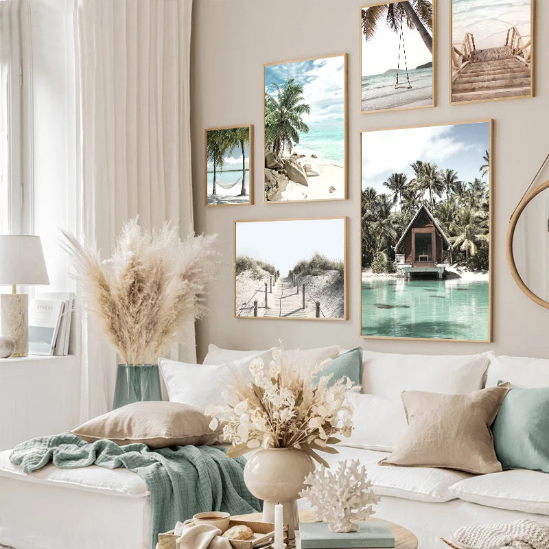 Tropical Beach Ocean Palm Tree & Banana Leaves Canvas Poster