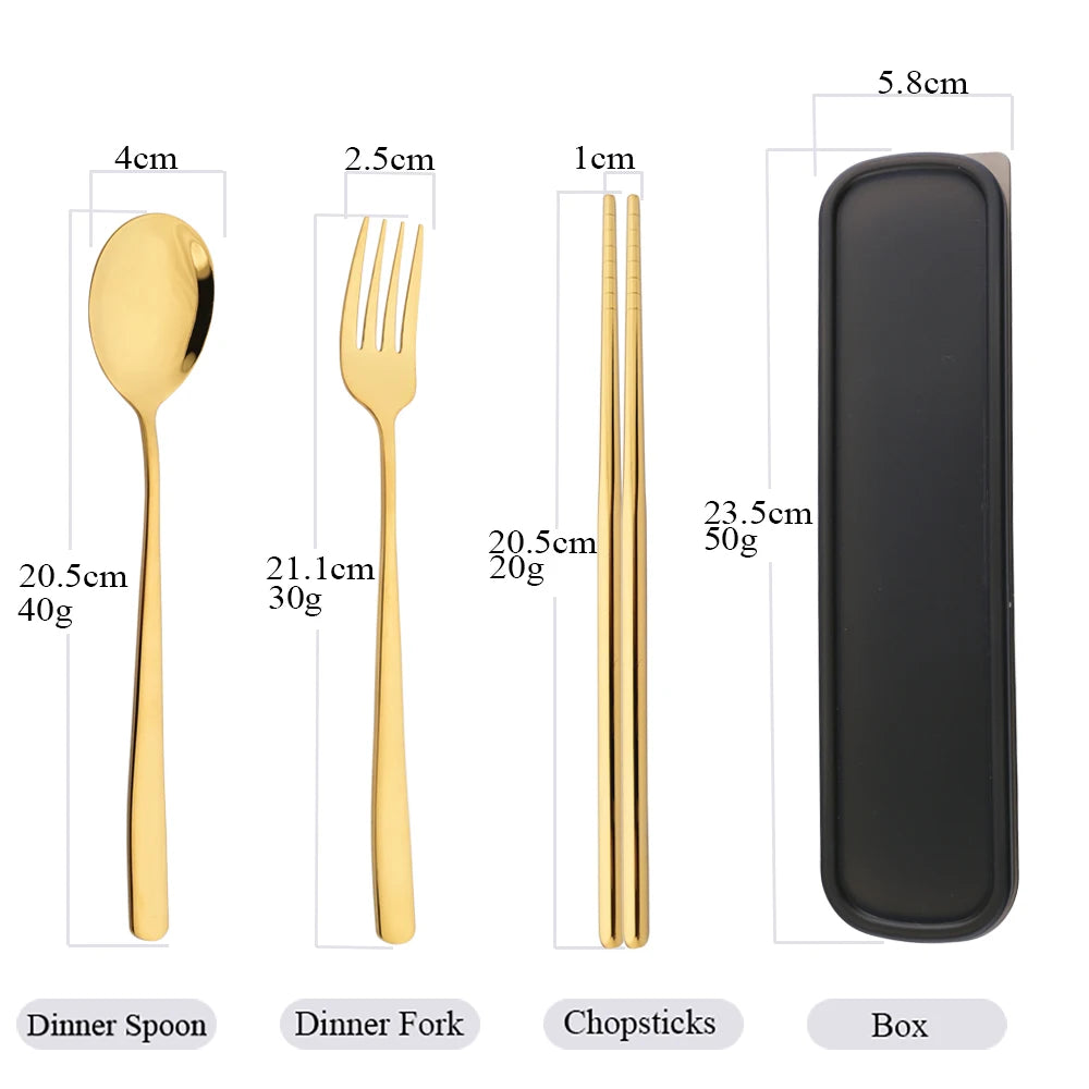 3-Piece Stainless Steel Cutlery Set with Storage Box – Portable Spoon, Fork &amp; Chopsticks