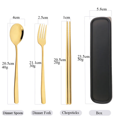 3-Piece Stainless Steel Cutlery Set with Storage Box – Portable Spoon, Fork &amp; Chopsticks