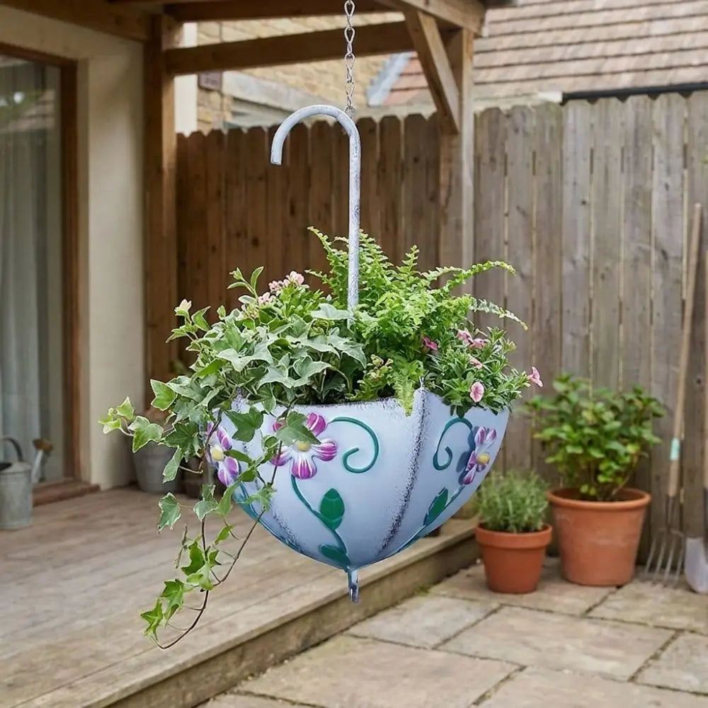 Iron Art Umbrella Shaped Flower Pot Wall Mounted Rustic Style Hanging Plant Planter Large Capacity Funny Plant Container