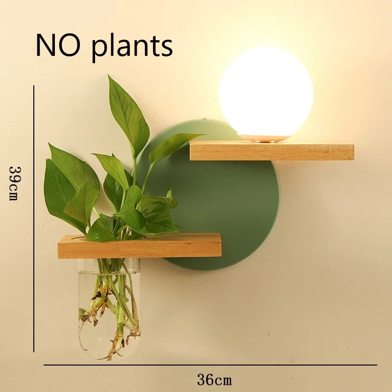Modern Wooden LED Wall Lamp with Green Plant Design – Nordic Home Decor